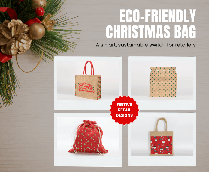Eco-friendly Christmas bag made from jute and cotton for sustainable festive packaging