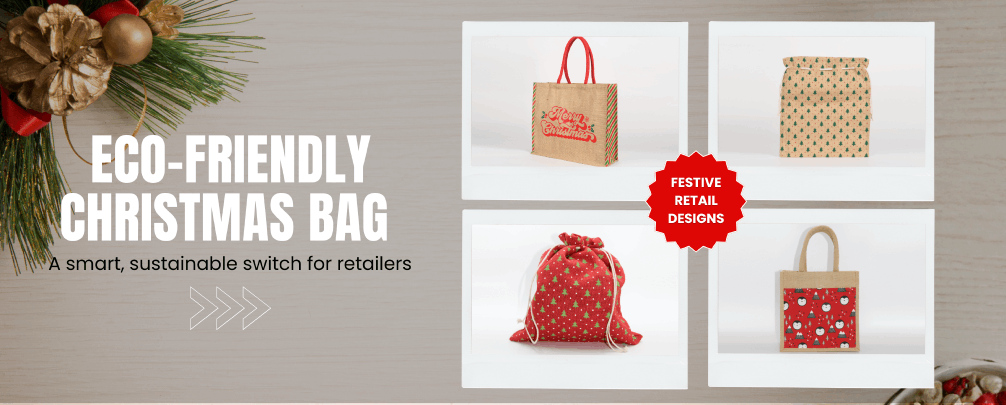 Eco-friendly Christmas bag made from jute and cotton for sustainable festive packaging