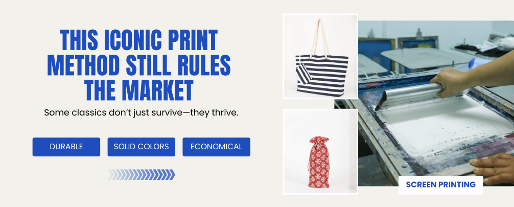 Screen printing and silk printing print method used on fabric bags for long-lasting branding